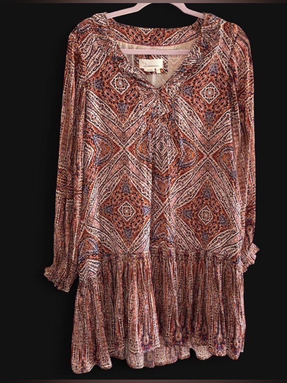 Anthropologie Sabia Flounced Tunic Dress Size XS Brown Patterned